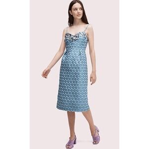 Kate Spade‎ Runway 2020 Flora Brocade Embellished Blue Midi Dress Size 8 Blue